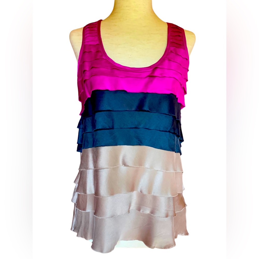 ANTHROPOLOGIE 100% SILK TIERED RUFFLE COLOR BLOCK TOP CAMI BLOUSE SMALL NEW $250